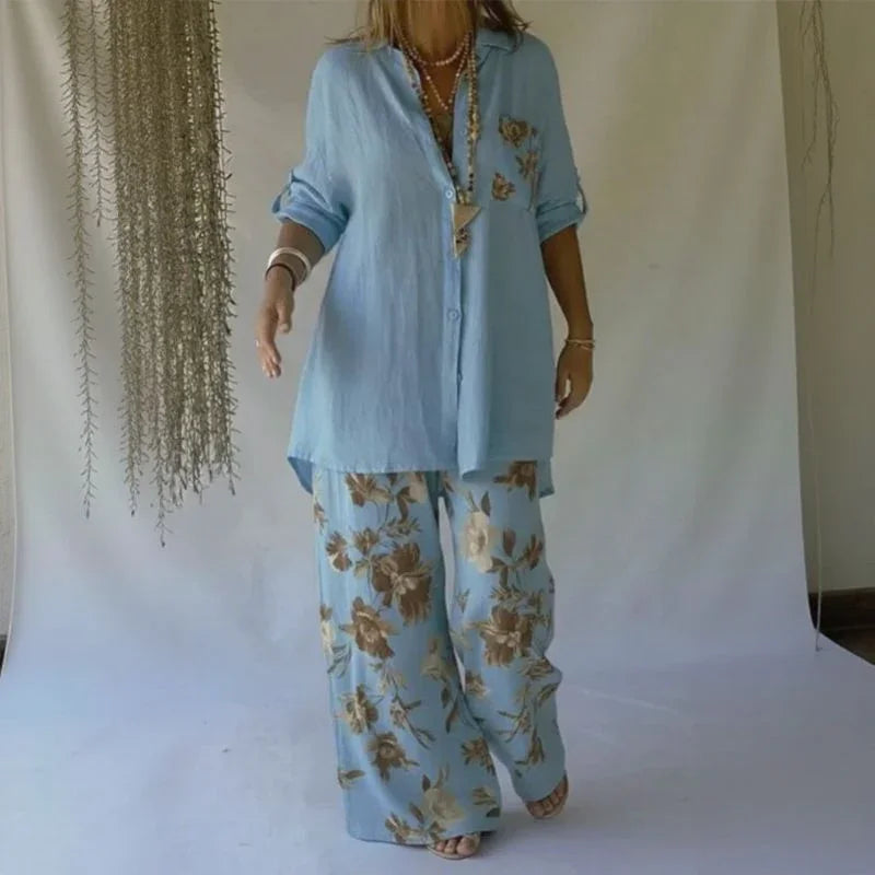 Conjunto Chloe™ de Camisa Solta + Pantalona Floral Elegante