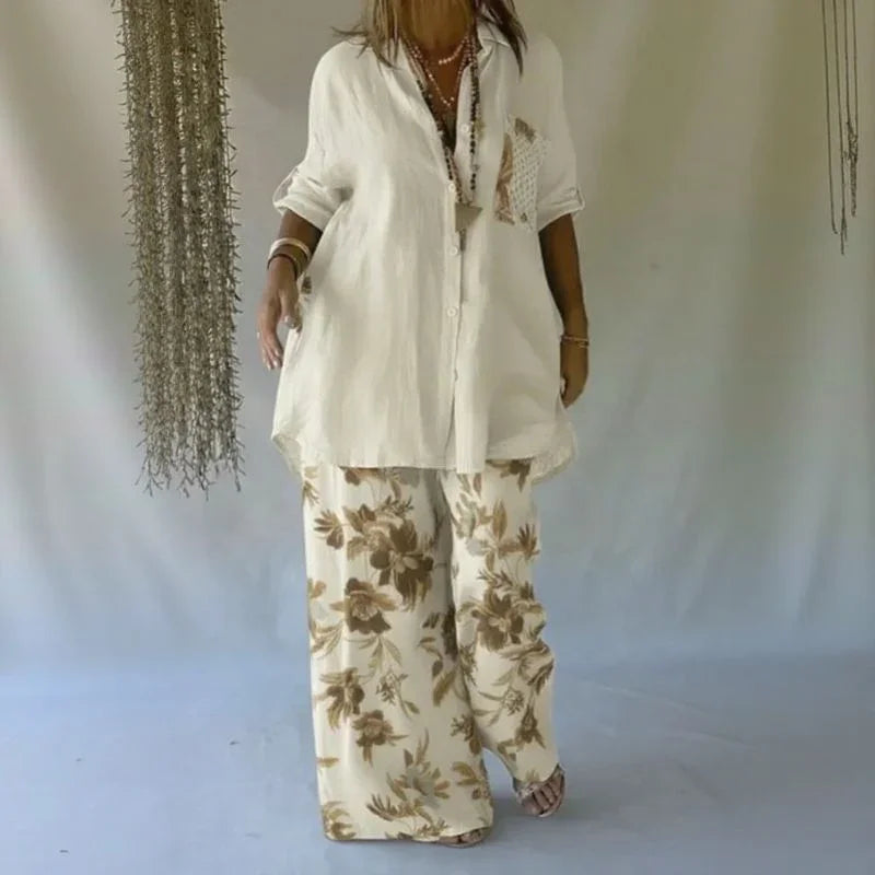 Conjunto Chloe™ de Camisa Solta + Pantalona Floral Elegante