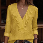 Blusa Anneliese™ Decote em V com Babados Frontais e Bordados Florais