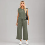Conjunto Aya™ Regata de Ombro Marcado e Calça Cropped com Cordão