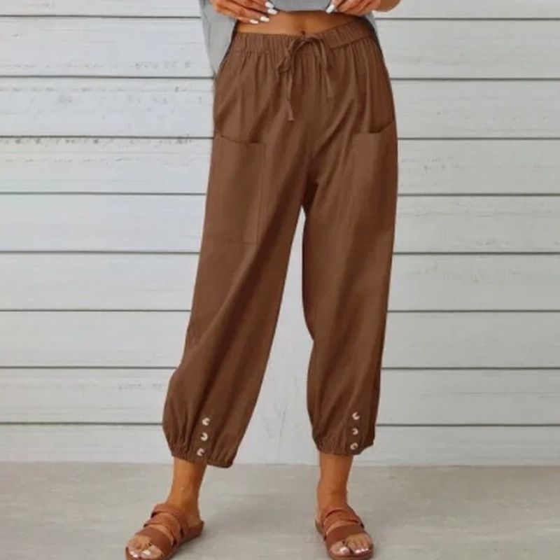 Calça Kobe™ em Linho de Algodão com Bolsos Frontais e Cordão Ajustável