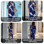 Vestido Letícia™ com Estampa Pincelada Azul e Modelagem Chemise Longa / Arte, Leveza e Sofisticação em Uma Só Peça!