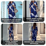 Vestido Letícia™ com Estampa Pincelada Azul e Modelagem Chemise Longa / Arte, Leveza e Sofisticação em Uma Só Peça!