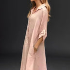 Vestido Clothilde™ em Linho de Algodão com Caimento Solto / Estilo Leve com Botões Elegantes e Mangas Ajustáveis!