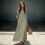 Vestido Clothilde™ em Linho de Algodão com Caimento Solto / Estilo Leve com Botões Elegantes e Mangas Ajustáveis!