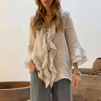 Blusa Belle Étoile™ em Linho de Algodão com Babados Franceses / Elegância Clássica com um Toque de Sofisticação!