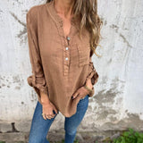 Camisa Benditta™ em Linho de Algodão com Botões Delicados e Manga Ajustável / Leveza e Estilo para Conforto Diário!