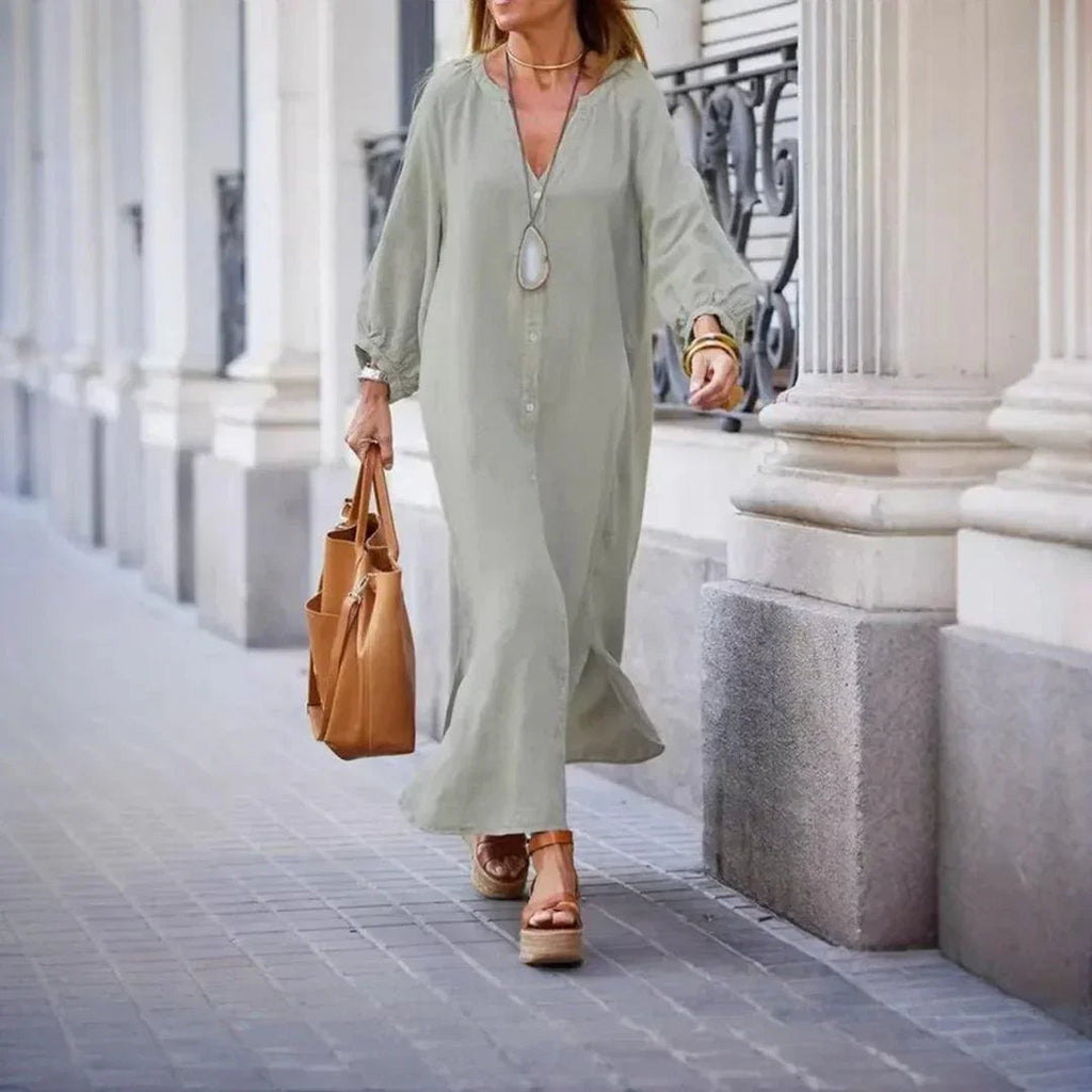 Vestido Charlotte™ em Linho Leve com Botões Delicados e Mangas Bufantes / Elegância Atemporal com Conforto e Delicadeza!