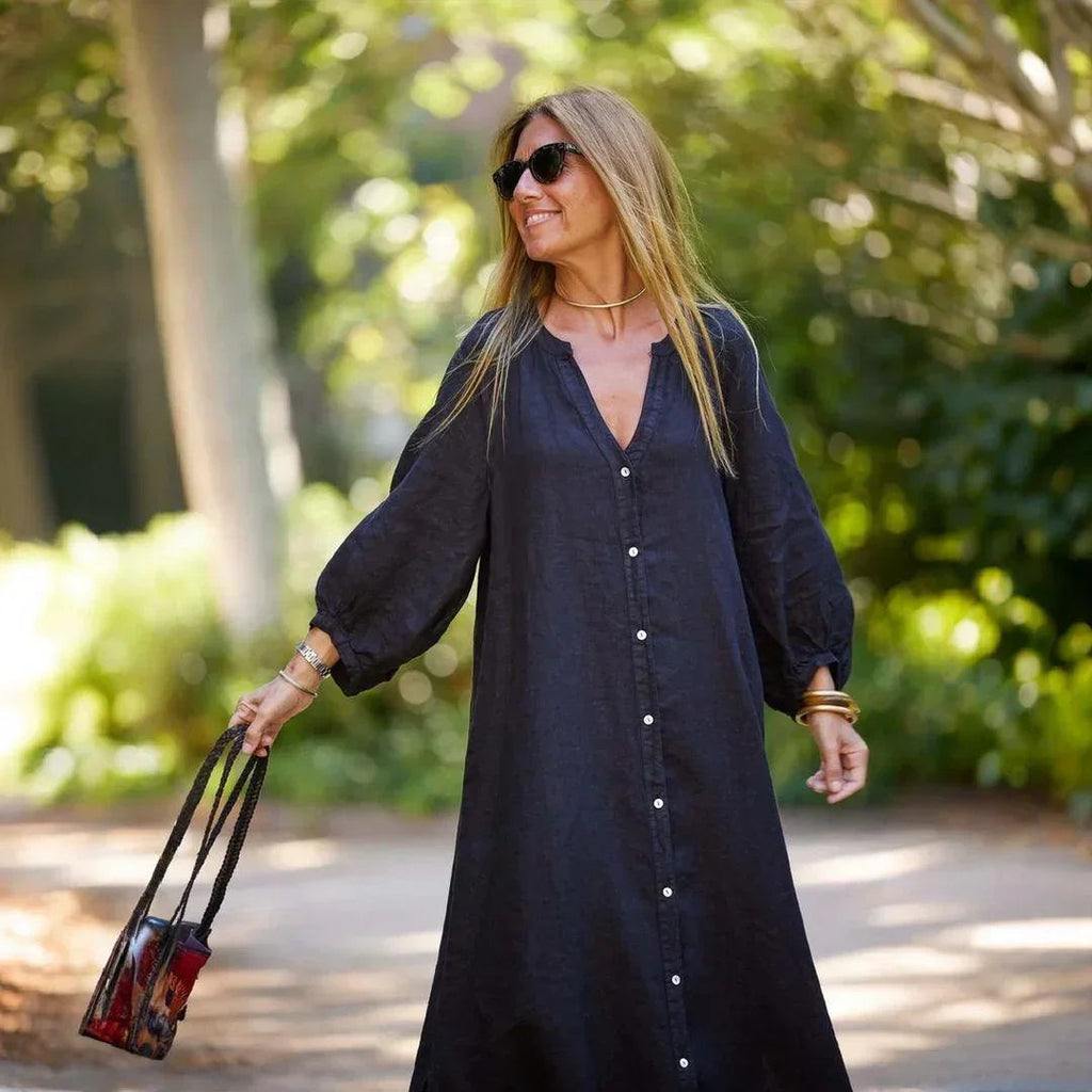 Vestido Charlotte™ em Linho Leve com Botões Delicados e Mangas Bufantes / Elegância Atemporal com Conforto e Delicadeza!