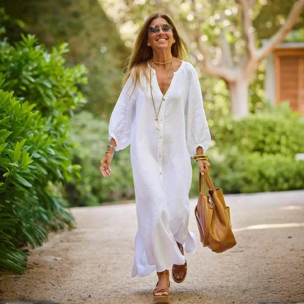 Vestido Charlotte™ em Linho Leve com Botões Delicados e Mangas Bufantes / Elegância Atemporal com Conforto e Delicadeza!