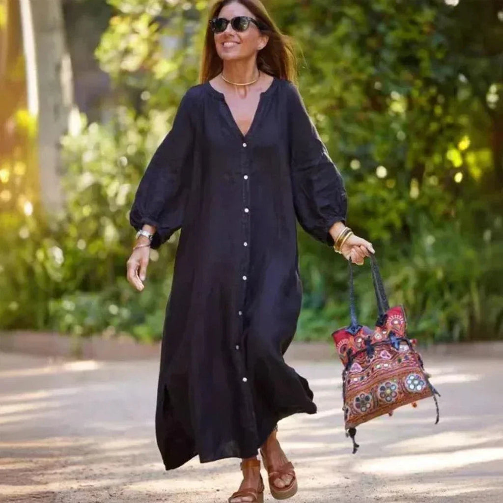 Vestido Charlotte™ em Linho Leve com Botões Delicados e Mangas Bufantes / Elegância Atemporal com Conforto e Delicadeza!