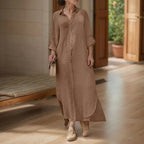 Vestido Camila™ em Linho de Algodão com Botões Frontais e Modelagem Soltinha / Elegância Atemporal e Conforto para Todos os Momentos!