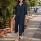 Vestido Camila™ em Linho de Algodão com Botões Frontais e Modelagem Soltinha / Elegância Atemporal e Conforto para Todos os Momentos!