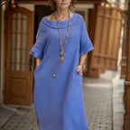 Vestido Longo Marbella™ em Linho de Algodão com Gola Ampla / A Essência do Conforto Chic em uma Peça Atemporal!