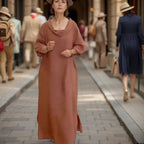 Vestido Longo Marbella™ em Linho de Algodão com Gola Ampla / A Essência do Conforto Chic em uma Peça Atemporal!