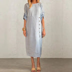 Vestido Adélie™ em Linho de Algodão com Botões Laterais e Fenda Sofisticada / Movimento e Elegância na Medida Certa!