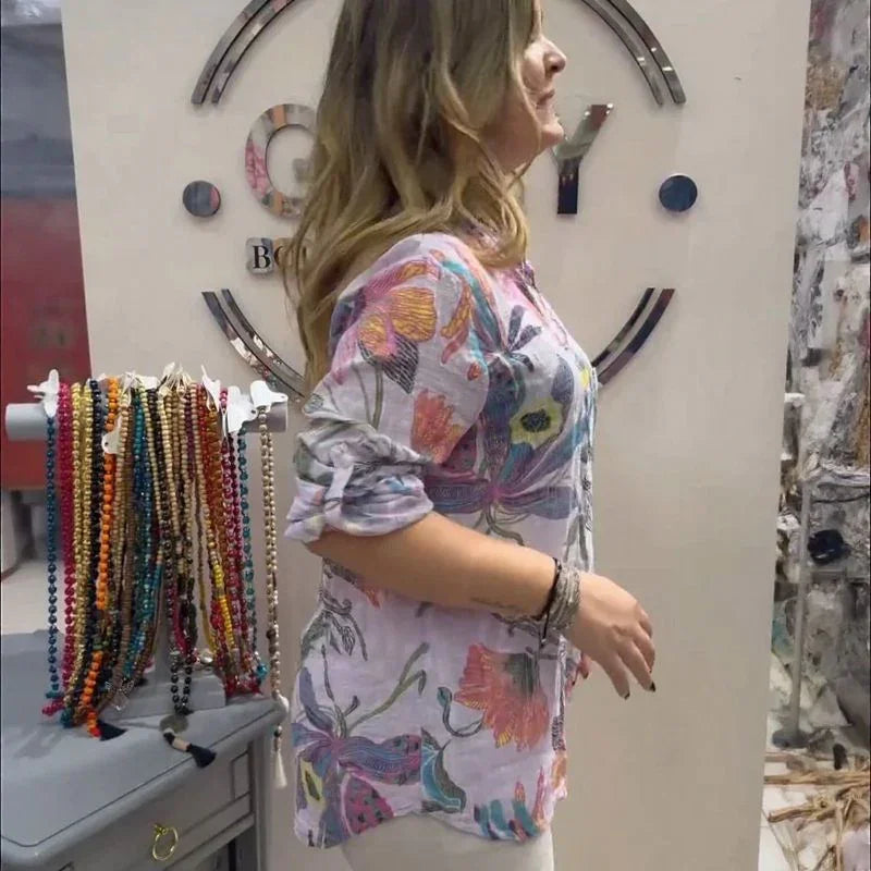 Camisa Floral Cinthya™ em Linho de Algodão /  Leveza Feminina em Cada Detalhe!