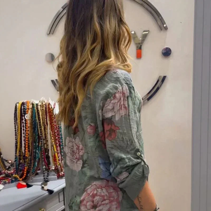 Camisa Floral Cinthya™ em Linho de Algodão /  Leveza Feminina em Cada Detalhe!