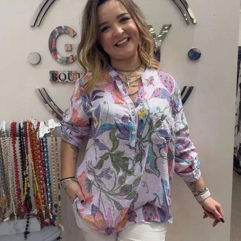 Camisa Floral Cinthya™ em Linho de Algodão /  Leveza Feminina em Cada Detalhe!