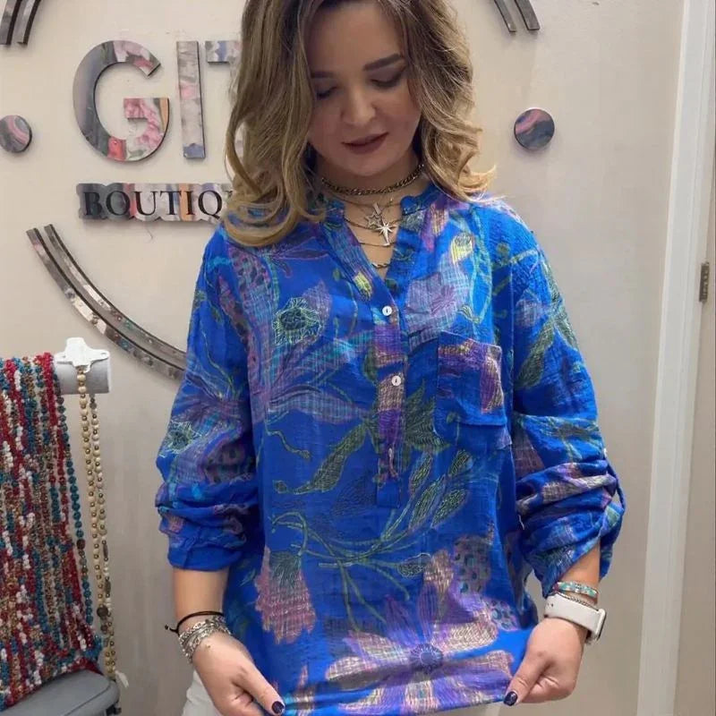 Camisa Floral Cinthya™ em Linho de Algodão /  Leveza Feminina em Cada Detalhe!