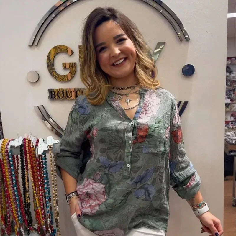 Camisa Floral Cinthya™ em Linho de Algodão /  Leveza Feminina em Cada Detalhe!