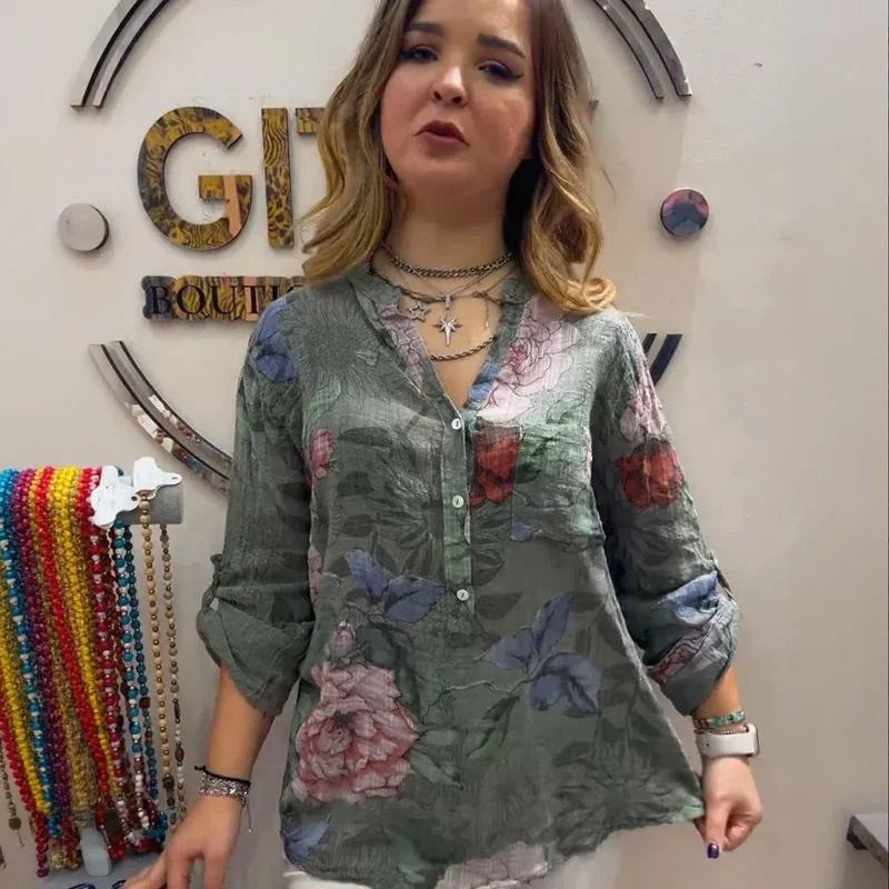 Camisa Floral Cinthya™ em Linho de Algodão /  Leveza Feminina em Cada Detalhe!