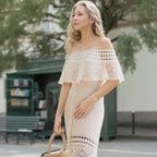 Conjunto Luar de Capri™ em Crochê com Top Ombro a Ombro e Vestido / Um Toque de Romance Mediterrâneo com Acabamento Luxuoso!