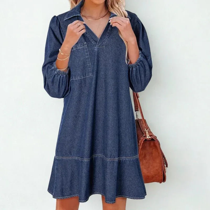 Vestido Jeans Madalena™ com Gola Lapela e Manga Bufante / O Clássico Renovado com Conforto e Feminilidade