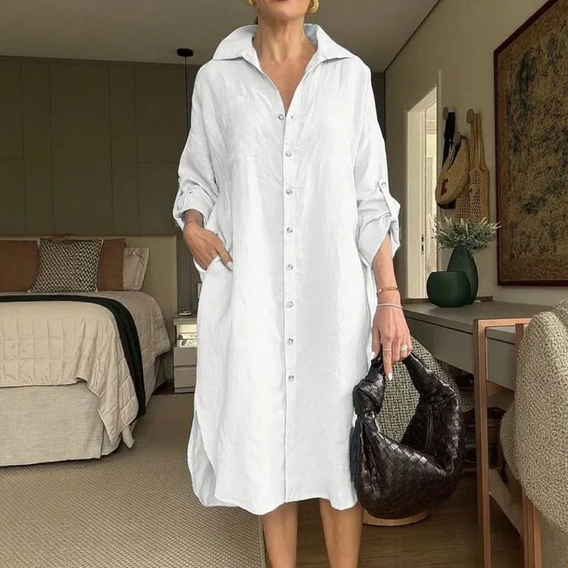 Vestido Chemise Mídi Lisboa™ em Linho de Algodão com Gola Alta Chique / A Peça-Curinga da Mulher Moderna!