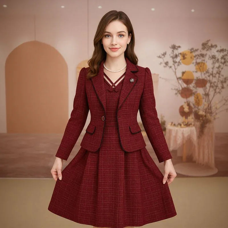 Conjunto La Vittoria™ com Blazer Estruturado e Vestido com Decote Ornamental / Presença, Estilo e Sofisticação Atemporal!