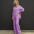 Conjunto Costa Serena™ em Linho de Algodão / Camisa Solta & Pantalona Ampla que Transmitem Leveza!