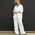 Conjunto Costa Serena™ em Linho de Algodão / Camisa Solta & Pantalona Ampla que Transmitem Leveza!