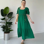 Vestido Elena D’Amore™ em Viscose Texturizada com Mangas Bufantes / Leveza, Charme e Feminilidade em Cada Movimento