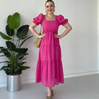 Vestido Elena D’Amore™ em Viscose Texturizada com Mangas Bufantes / Leveza, Charme e Feminilidade em Cada Movimento