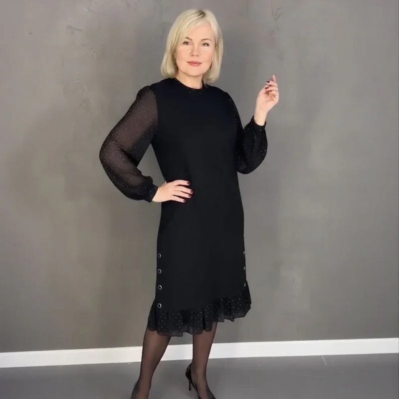 Vestido Madame Elisa™ com Mangas Longas Translúcidas e Detalhes Delicados / Elegância Clássica que Nunca Sai de Cena!