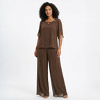 Conjunto Marilyn™ em Popelina com Blusa de Gola Trabalhada e Calça Longa Elegante