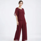 Conjunto Marilyn™ em Popelina com Blusa de Gola Trabalhada e Calça Longa Elegante