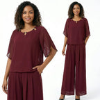 Conjunto Marilyn™ em Popelina com Blusa de Gola Trabalhada e Calça Longa Elegante