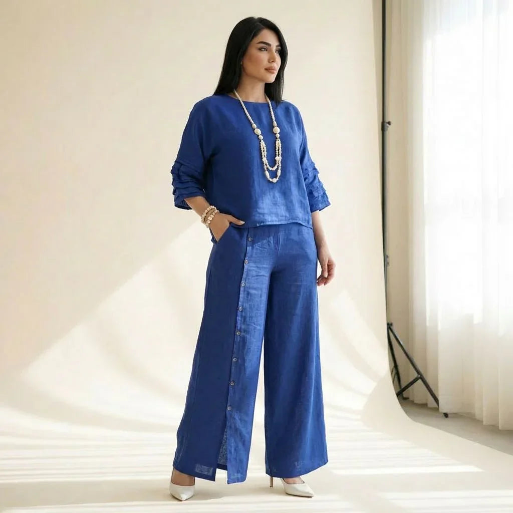 Conjunto Raízes™ Em Linho de Algodão com Blusa Confortável e Calça Elegante