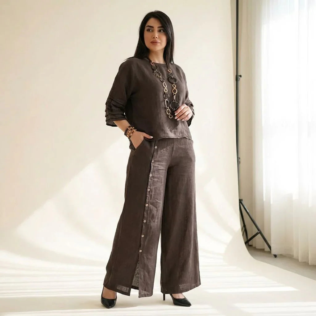 Conjunto Raízes™ Em Linho de Algodão com Blusa Confortável e Calça Elegante