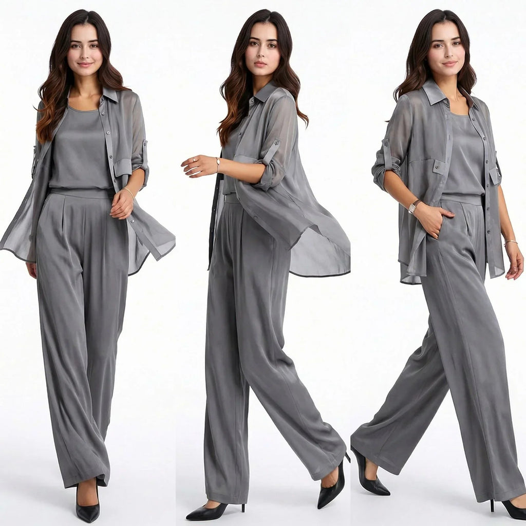 Conjunto Acetinado Sevilha™ 3 Peças com Blusinha, Camisa Longa e Calça