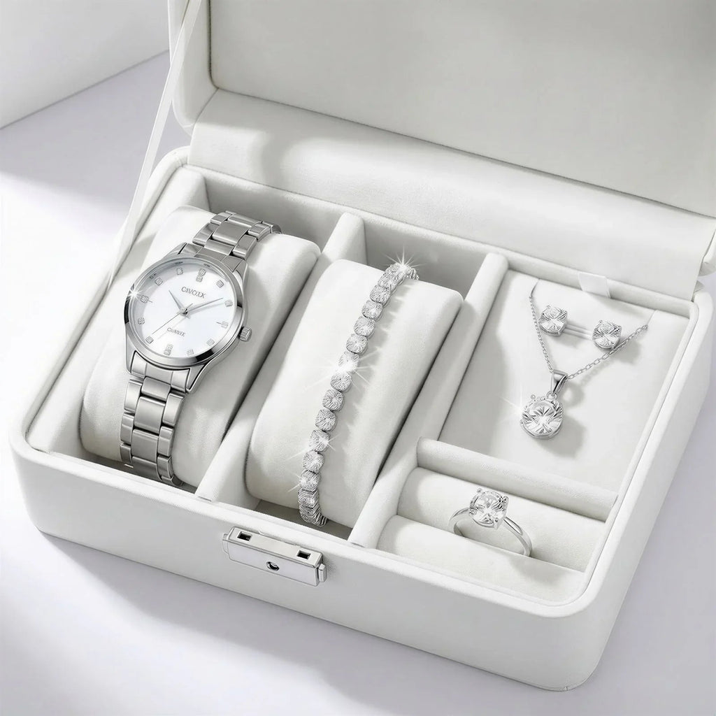 Conjunto Majestade™ Coleção Luxo Prateado com 5 Peças Relógio e Joias