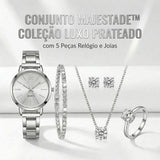 Conjunto Majestade™ Coleção Luxo Prateado com 5 Peças Relógio e Joias