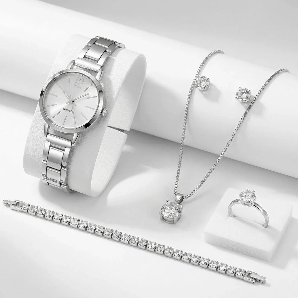 Conjunto Majestade™ Coleção Luxo Prateado com 5 Peças Relógio e Joias