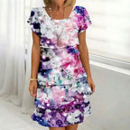Vestido Floral Cremona™ com Design em Camadas e Mangas Levemente Bufantes