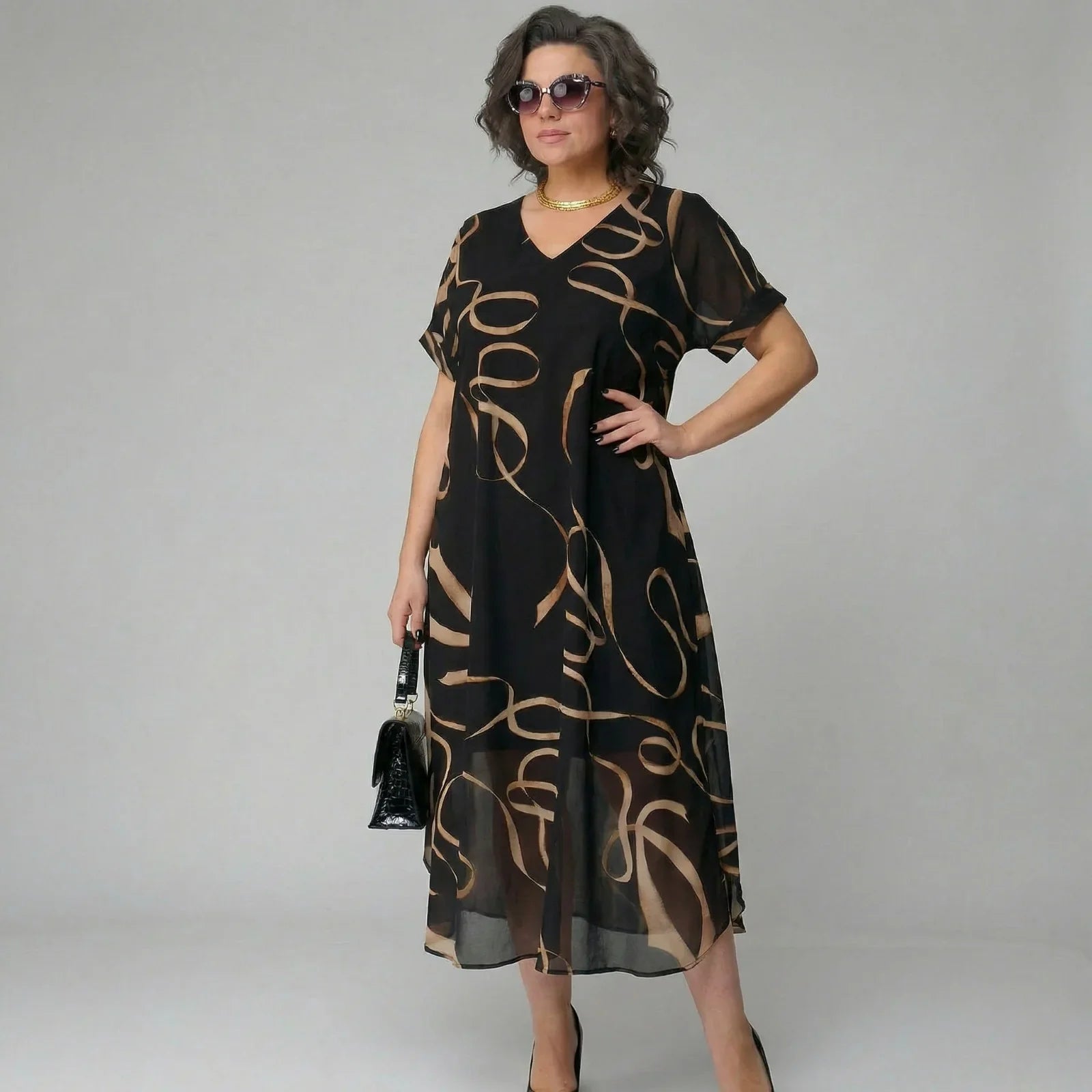 Vestido Francesca™ com Babado e Estampa Dourada