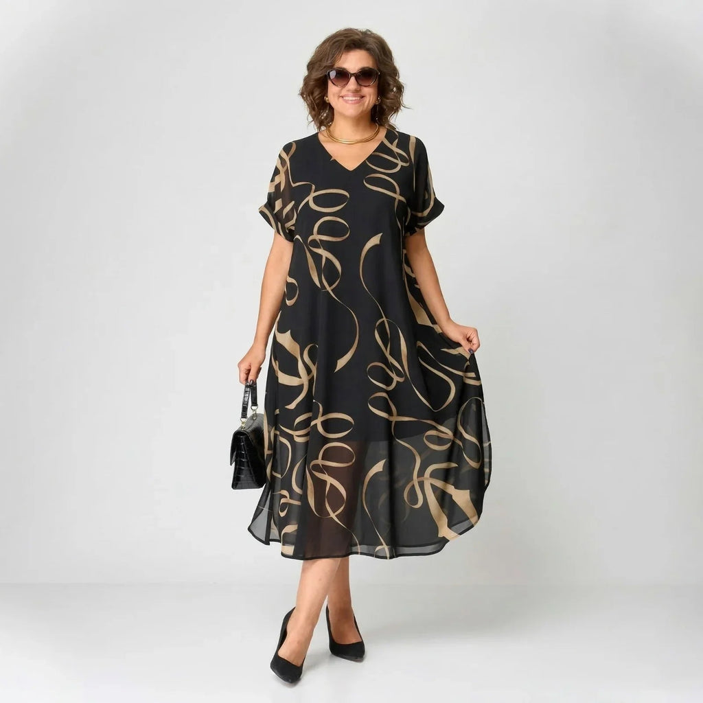 Vestido Francesca™ com Babado e Estampa Dourada