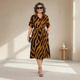 Vestido Marfim™ Longo Zebrado com Cintura Ajustável