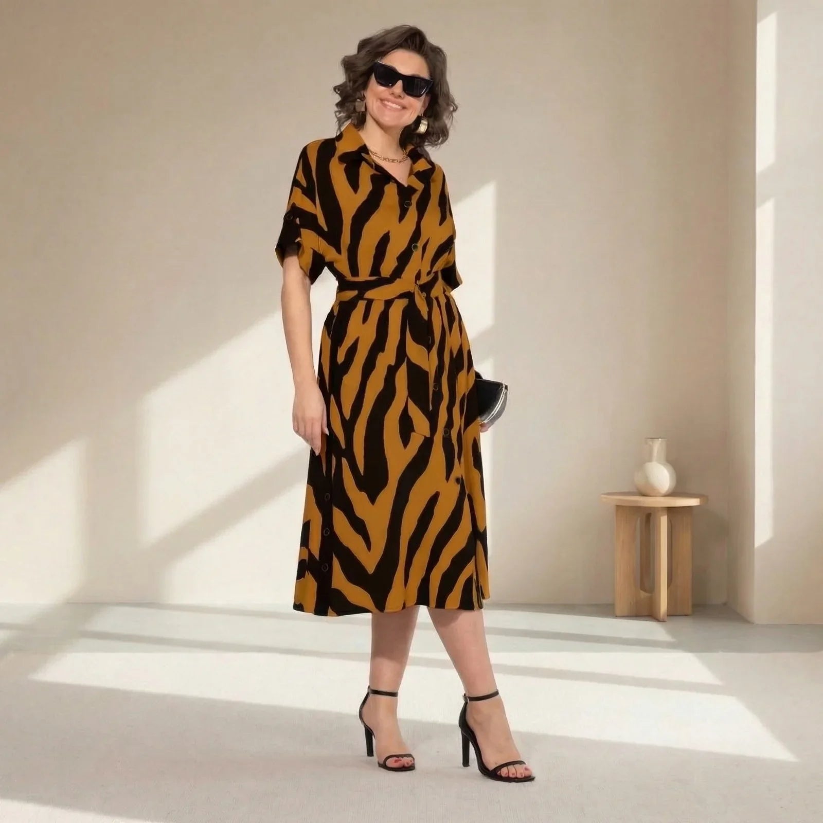 Vestido Marfim™ Longo Zebrado com Cintura Ajustável
