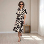 Vestido Marfim™ Longo Zebrado com Cintura Ajustável